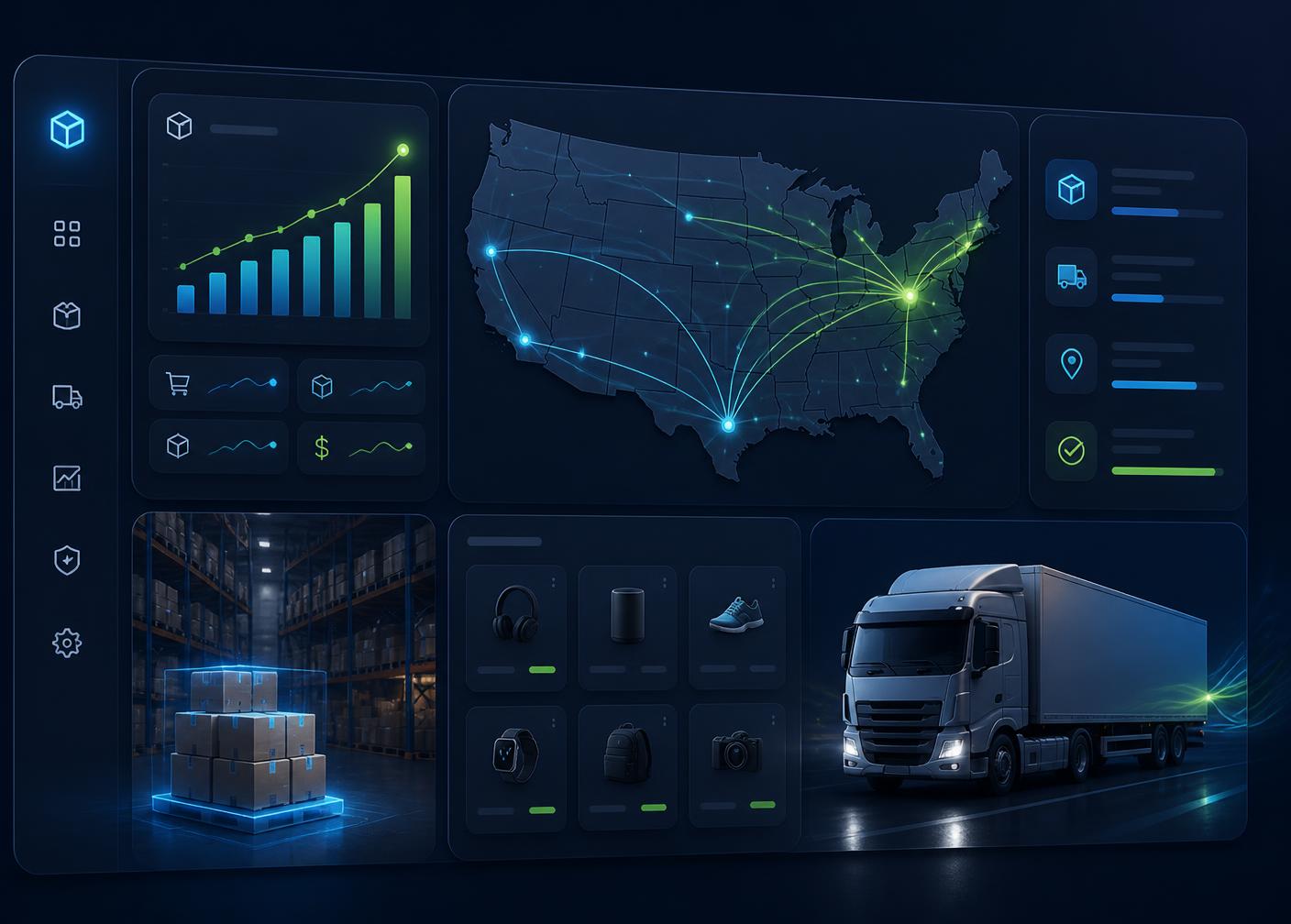 SwiftSphere BD warehouse dashboard showing US shipping routes, live order analytics, and same-day fulfillment